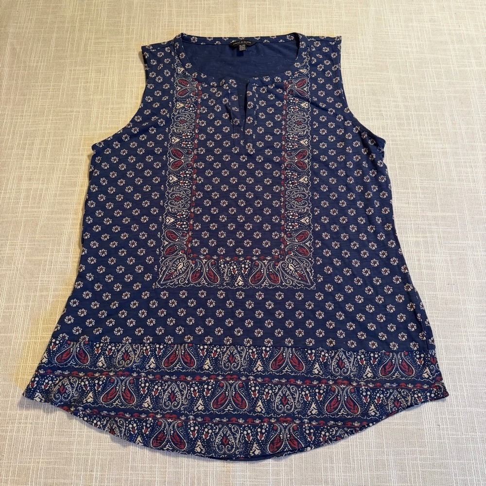 Lucky Brand Womens XL Navy Blue Paisley Floral Split Neck High Low Tank Top
